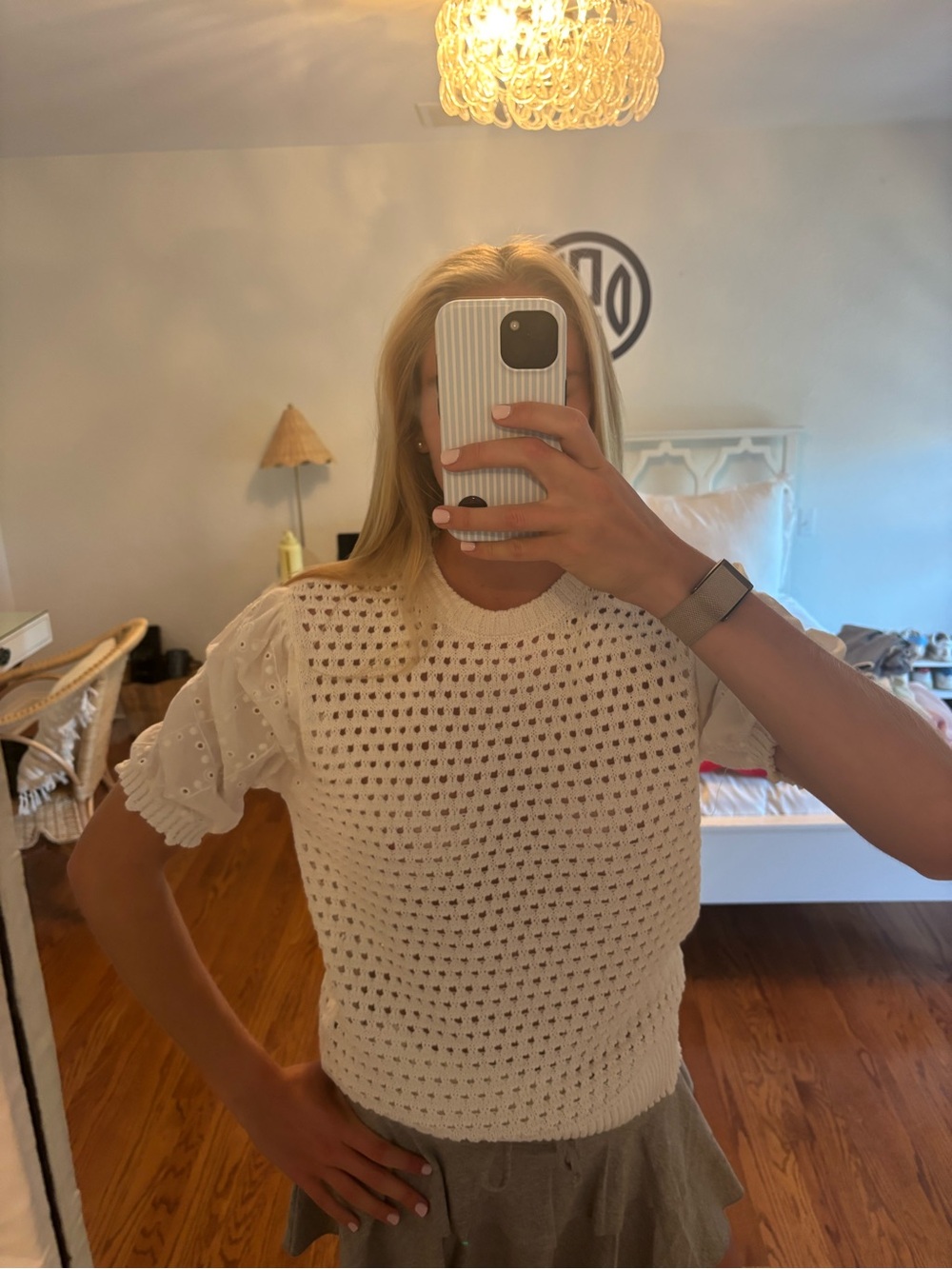 Zara Cream Crochet Knit Short-Sleeve Sweater